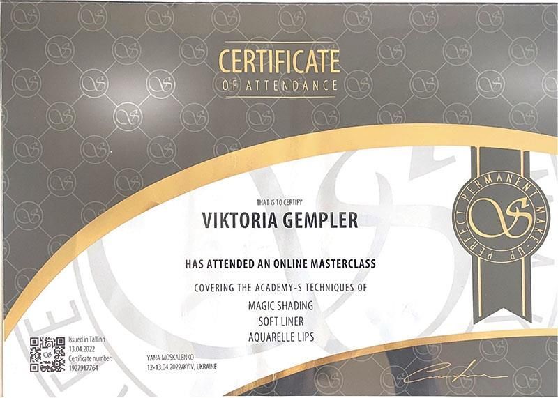 Ein Zertifikat, das bescheinigt, dass Victoria Gempler an einem Online-Meisterkurs teilgenommen hat