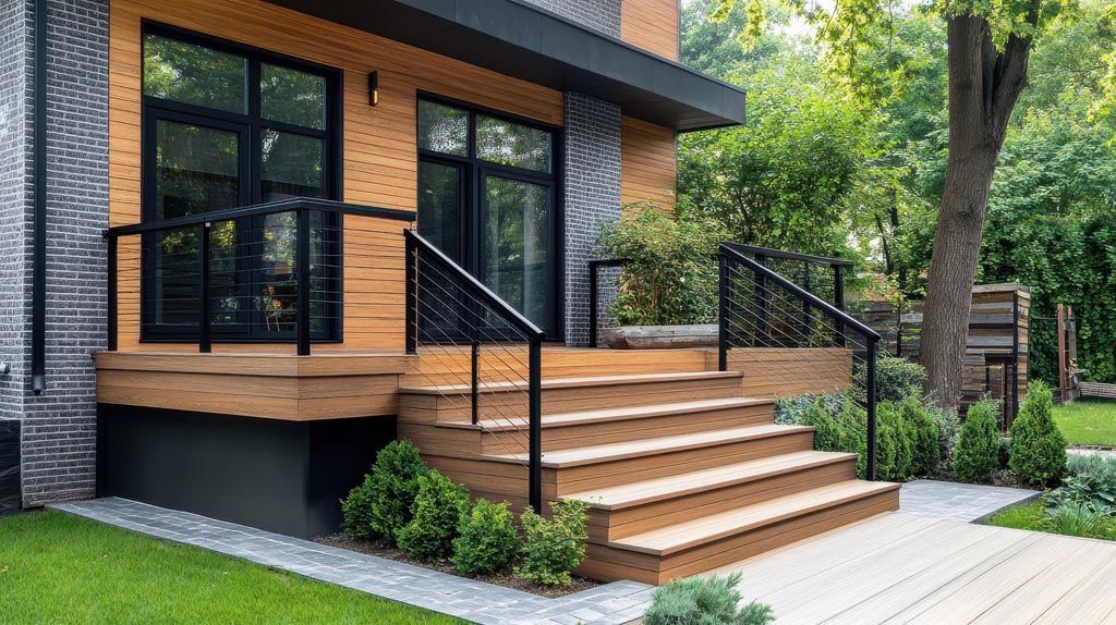 Porche en bois avec marches, rambarde noire et deux grandes fenêtres. La maison est entourée de verdure.