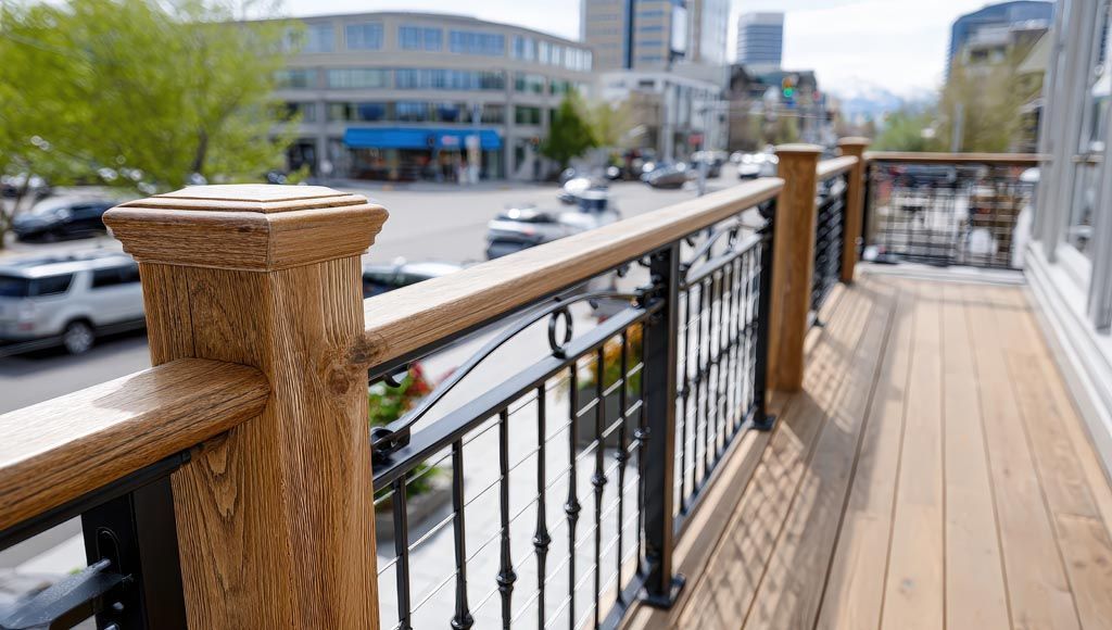 Terrasse en bois avec rambarde en fer noir donnant sur une rue de la ville bordée de voitures et d'immeubles.