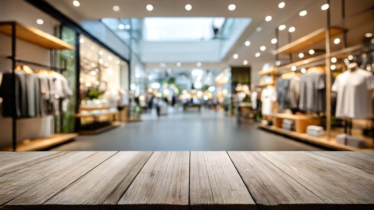 Table en bois au premier plan, arrière-plan flou d'un magasin de vêtements avec des étagères et des mannequins.