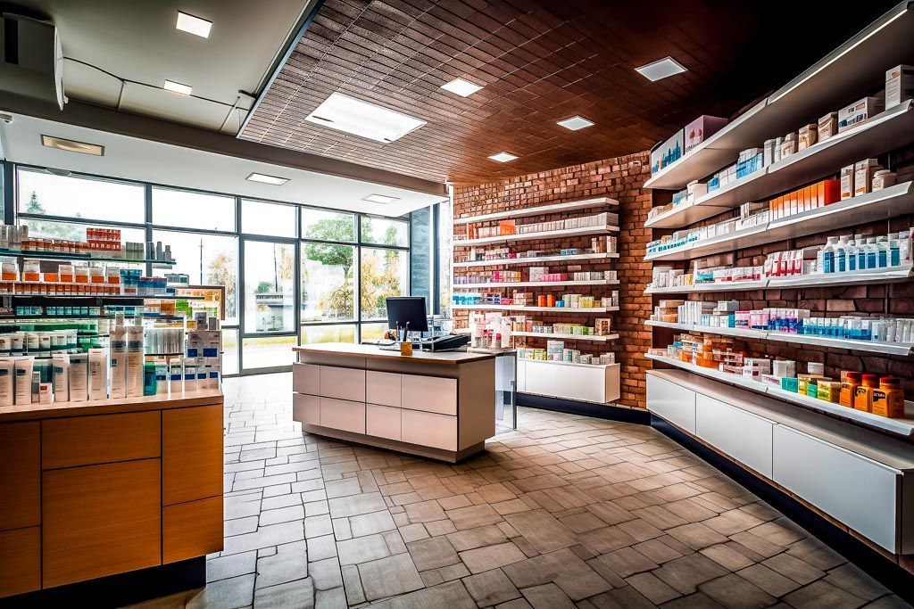 Intérieur d'une pharmacie avec des étagères de produits et un comptoir.