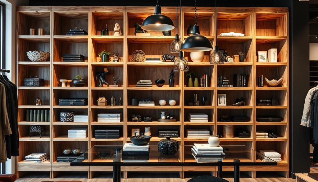 Bibliothèque en bois remplie d'objets décoratifs, éclairée par des lampes UV suspendues.