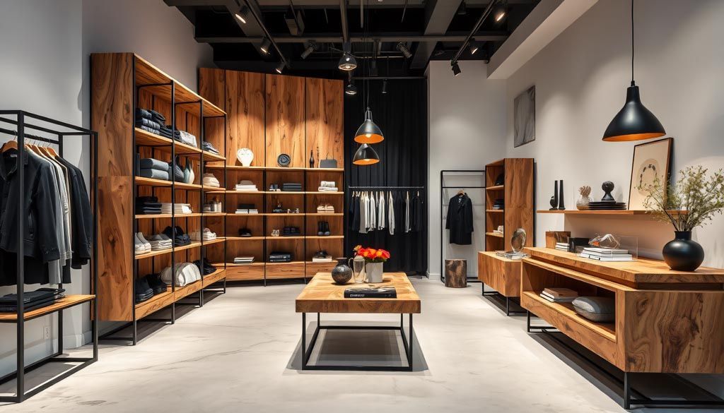 Intérieur d'un magasin de vêtements avec étagères en bois, portants et tables d'exposition.