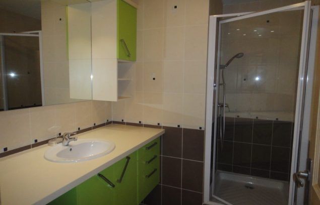 Salle de bains avec meubles verts, plan de travail blanc, miroir, douche et carrelage marron.