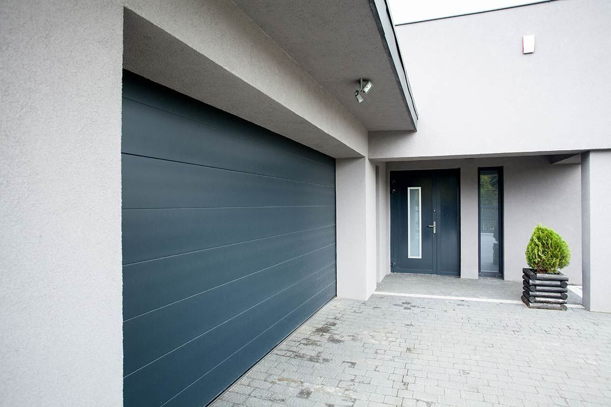 Porte de garage grise et entrée d'une maison moderne, avec un petit arbuste en pot sur la droite.