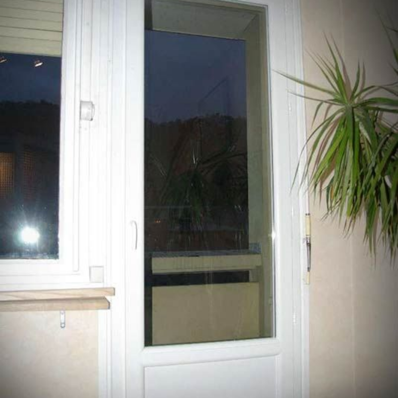 Porte blanche avec panneau de verre donnant sur le ciel nocturne et une plante. Une fenêtre est partiellement visible sur la gauche.