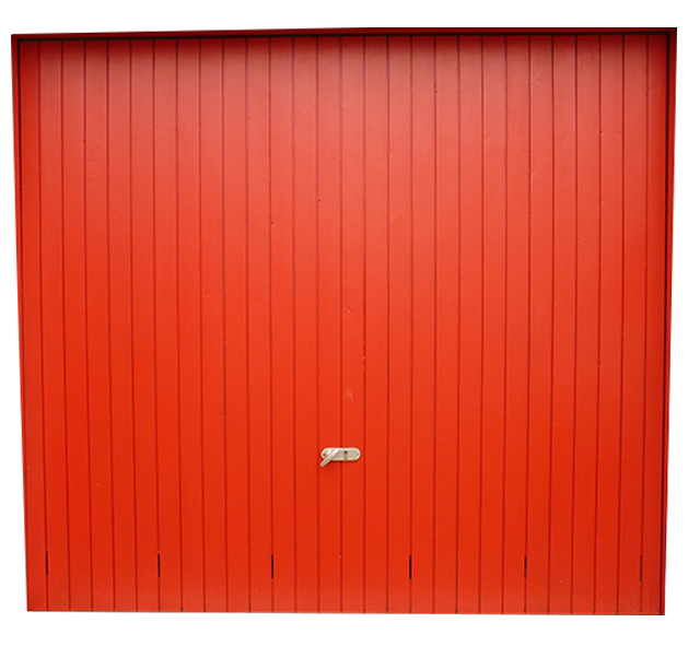 Porte de garage rouge à rayures verticales et petit loquet.