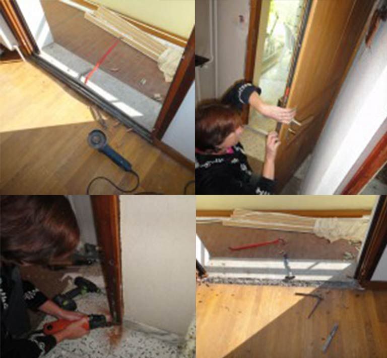 Montage photographiques de réparation de porte suite à une effraction.
