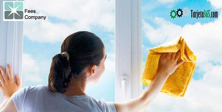 Una mujer está limpiando una ventana con un paño amarillo.