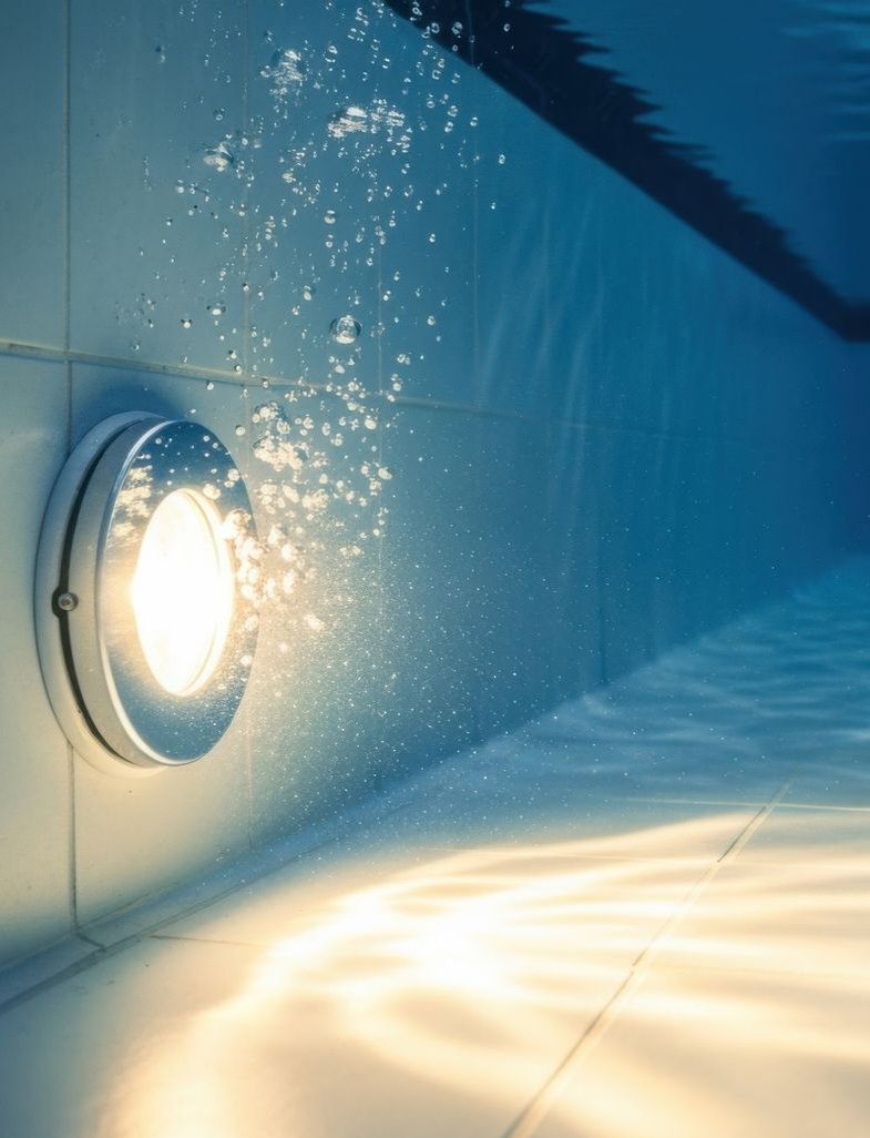 Vue sous-marine d'une piscine avec un spot allumé.