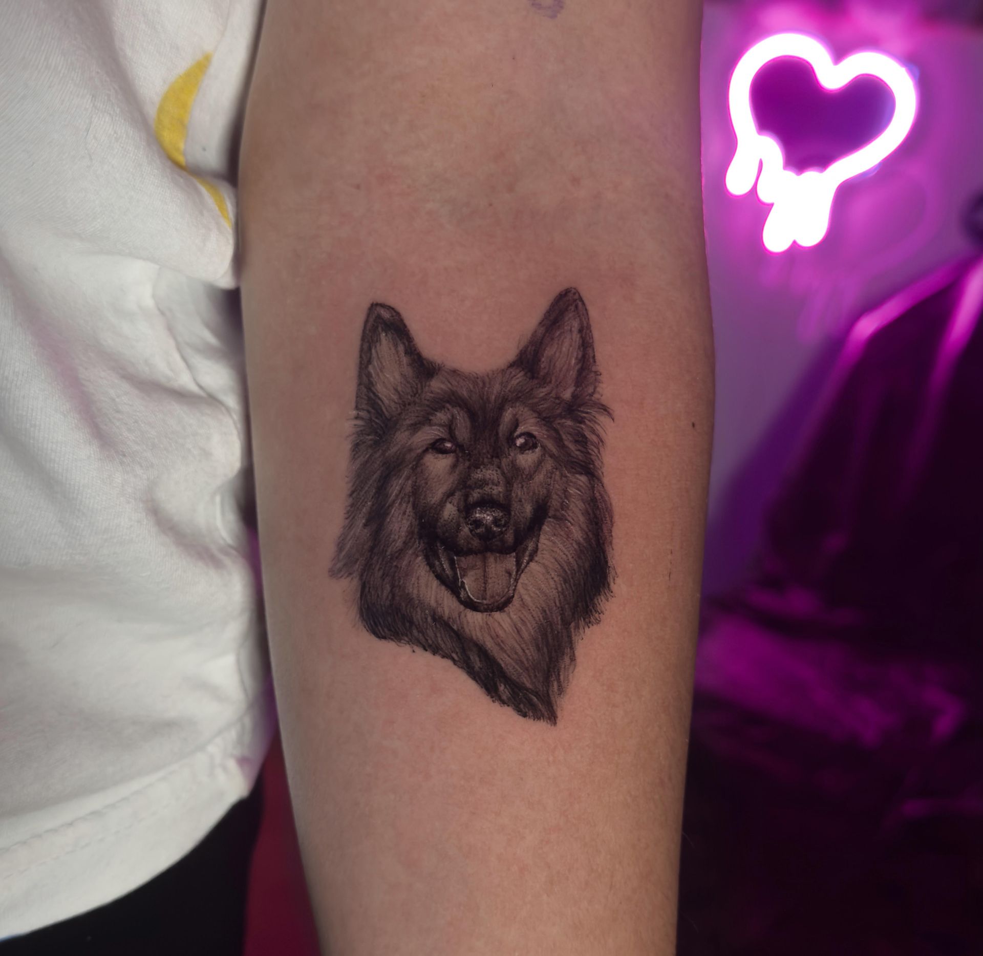 Una persona tiene un tatuaje de un perro en el brazo.