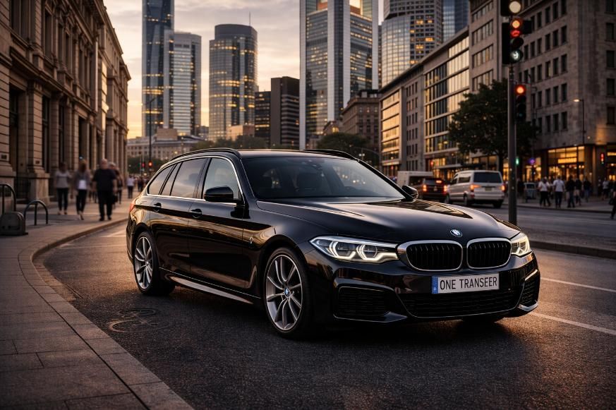 Un BMW familiar negro aparcado en una calle de la ciudad al atardecer, enmarcado por rascacielos y arquitectura urbana.