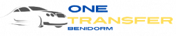 Logotipo de One Transfer Benidorm que muestra la silueta de un coche gris junto a texto azul y amarillo.