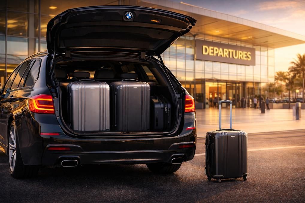 Un coche negro con el maletero abierto y lleno de maletas, aparcado frente a una entrada de salidas del aeropuerto