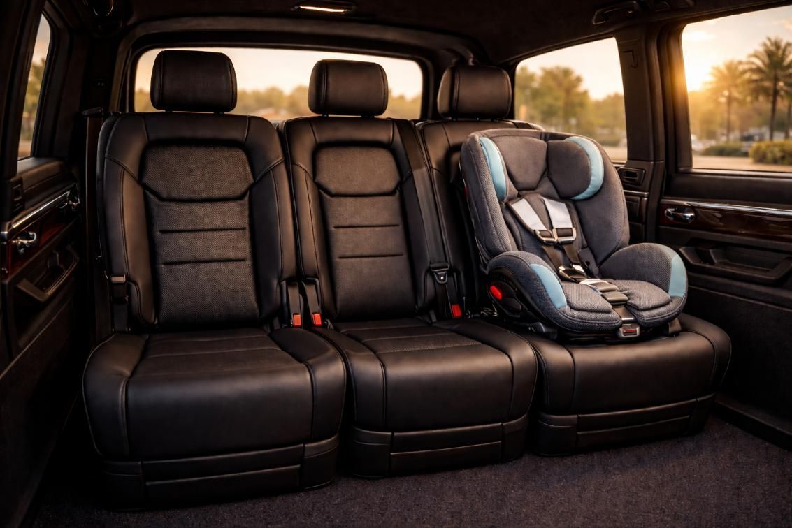 En el interior de un vehículo, con vistas a una puesta de sol, se ha instalado una silla de coche para niños