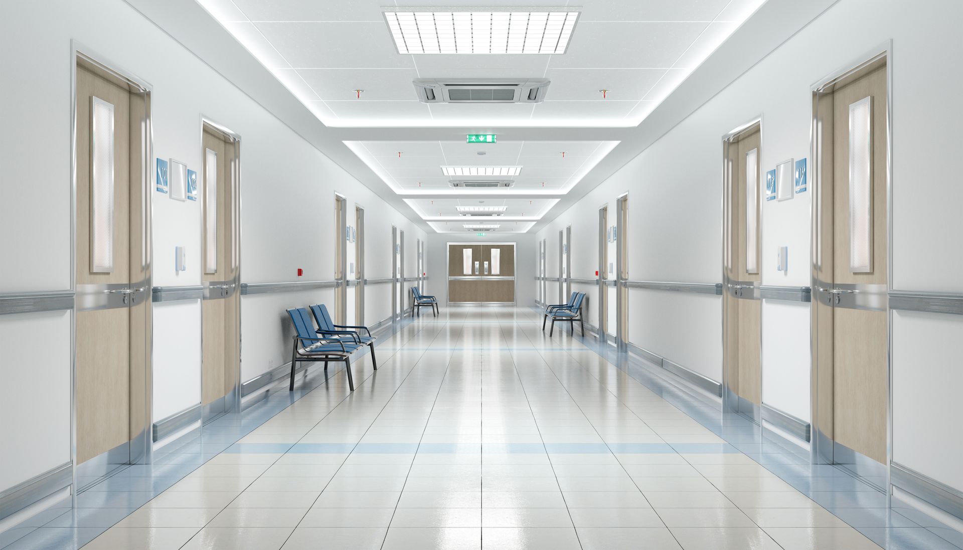 Le couloir vide d'un hôpital.