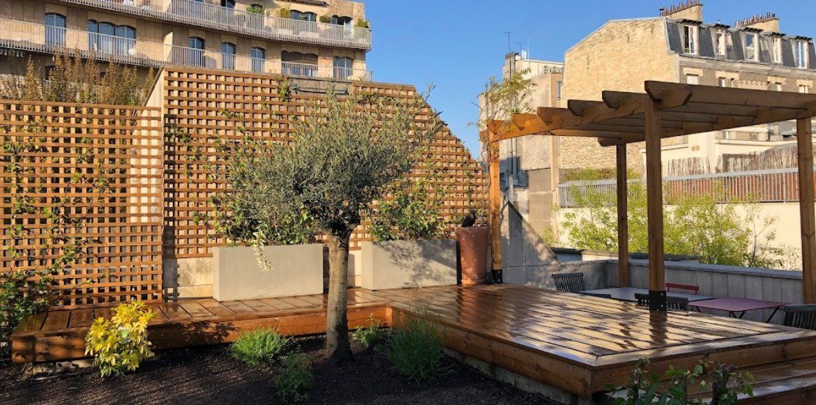 Terrasse en bois et jardin avec un olivier