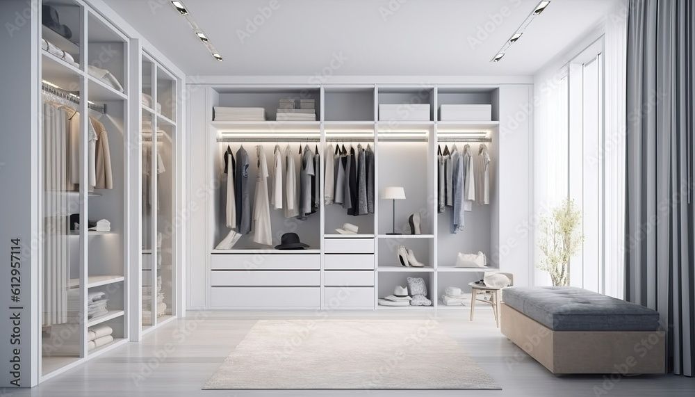 Dressing blanc et moderne avec portants, tiroirs et étagères ; un banc près d'une fenêtre.