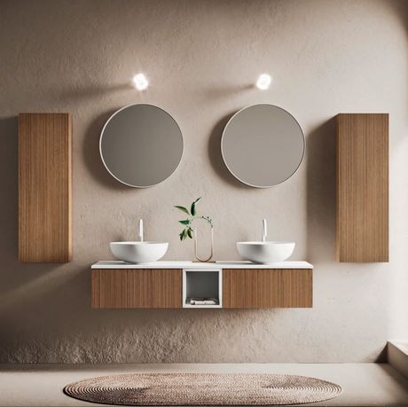 Agencement salle de bain chêne massif bois double vasque et miroirs avec douche 
