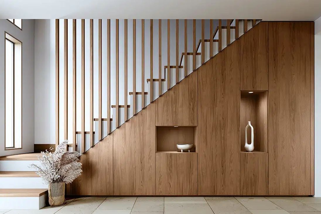 Rangement sous escalier bois chêne 