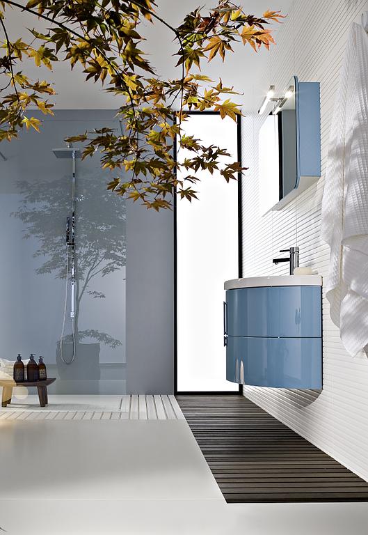 Salle de bains avec douche à l'italienne  et une branche d'arbre, meubles bleu ciel