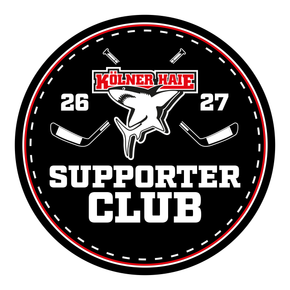 Logo des Kölner Haie Fanclubs in Schwarz, Weiß und Rot mit Hockeyschlägern und den Nummern 26 und 27