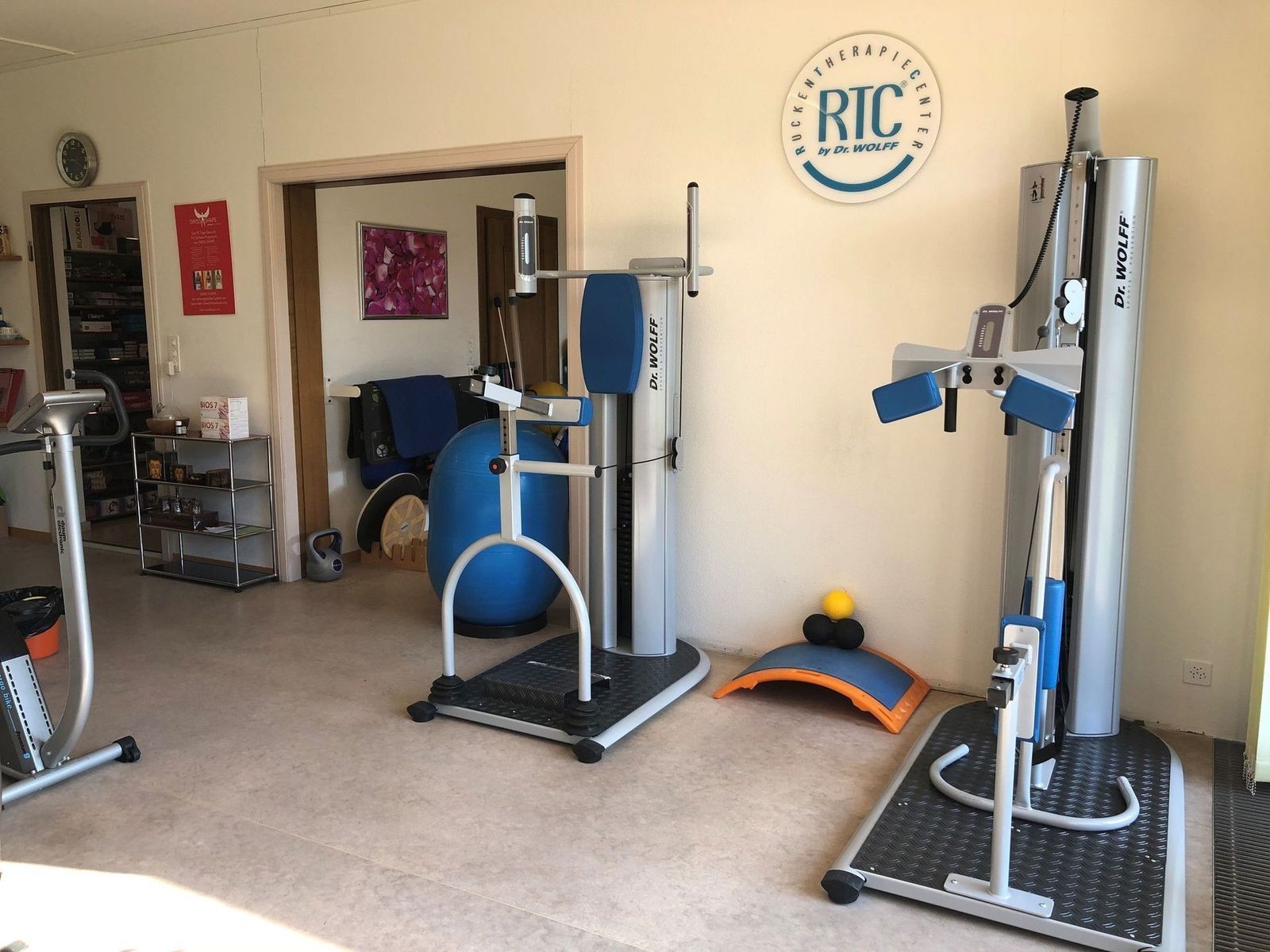 Fitnessraum mit Trainingsgeräten, blauem Gymnastikball und an der Wand montierten Geräten auf beigem Teppichboden.