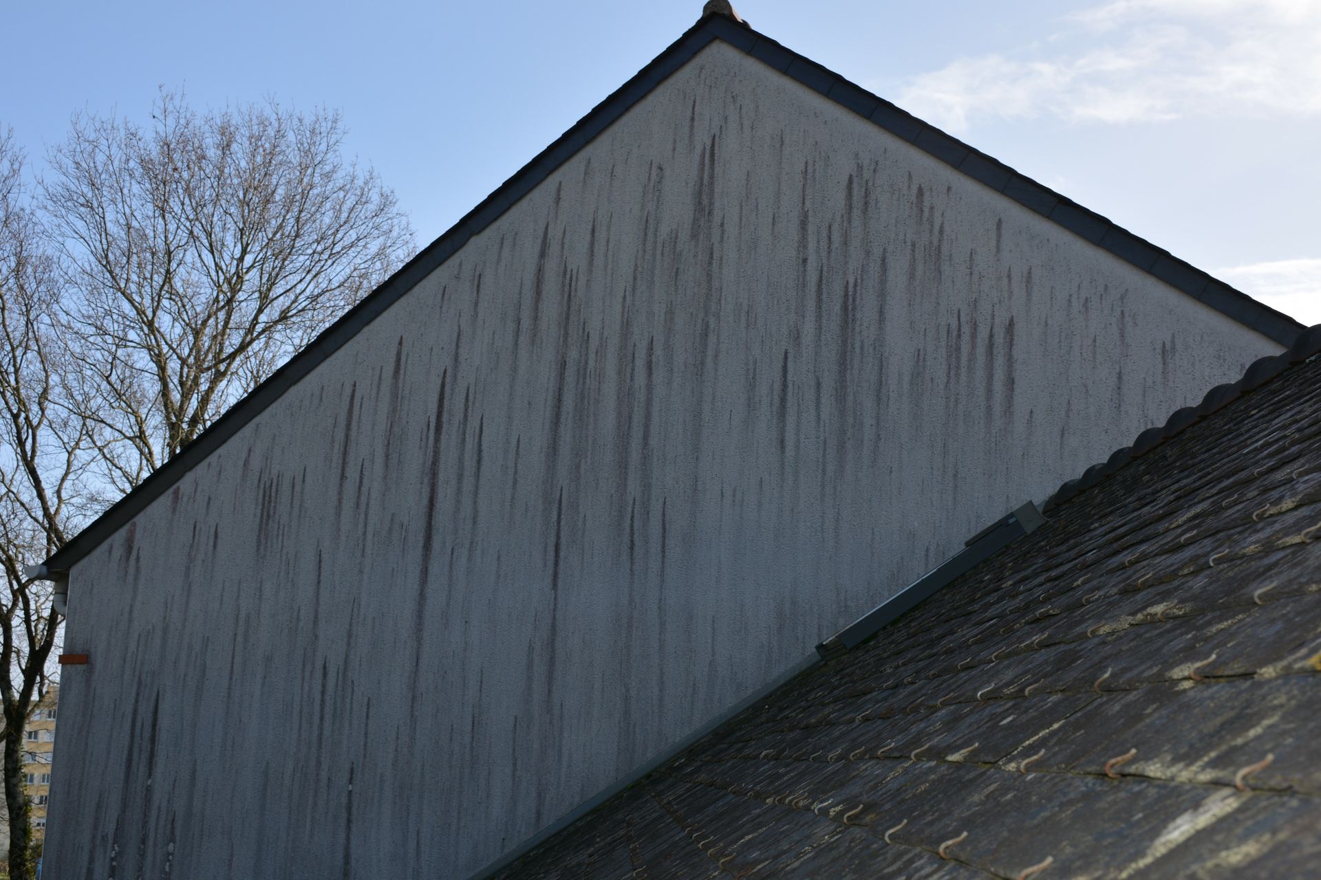 Façade de maison noircie par le temps