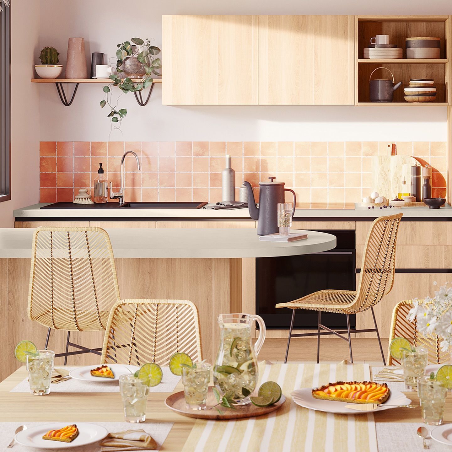 Cuisine moderne et lumineuse avec crédence en carrelage rose, placards en bois clair et table à manger dressée