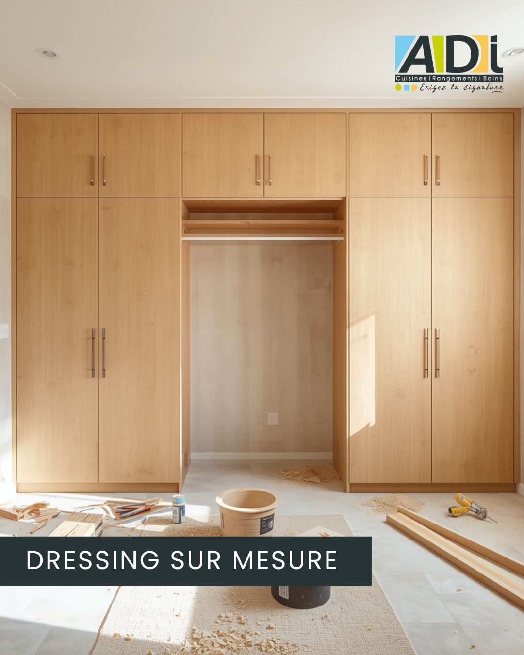Grande armoire sur mesure en bois clair avec penderie centrale ouverte dans une pièce en construction