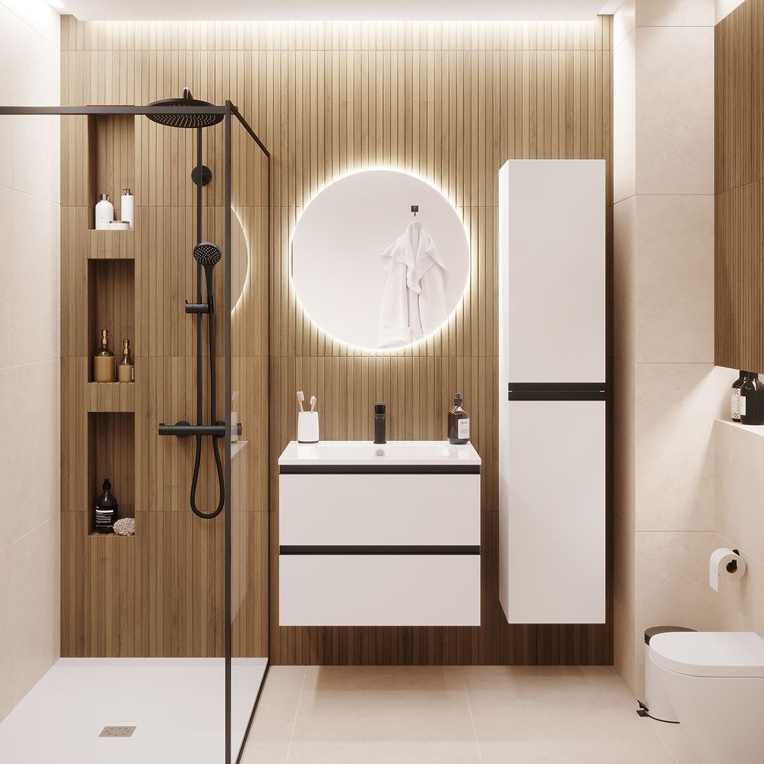 Salle de bains moderne avec lambris, robinetterie de douche noire, miroir rond rétroéclairé et meuble lavabo blanc suspendu