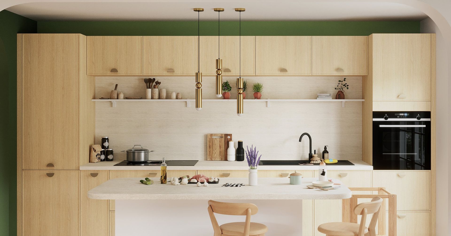 Cuisine moderne en bois clair avec îlot blanc, étagères ouvertes et accents muraux vert foncé