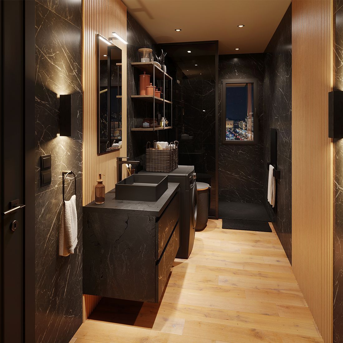 Salle de bains moderne et étroite avec murs sombres, meuble lavabo noir, parquet et miroir au fond