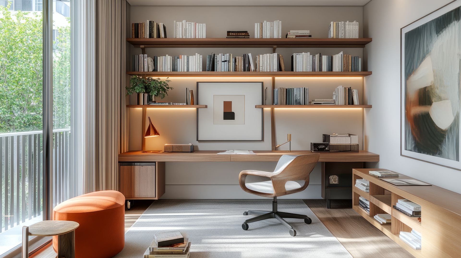 Bureau à domicile moderne avec bureau en bois, étagères, chaise, lampe et grande fenêtre laissant entrer la lumière naturelle
