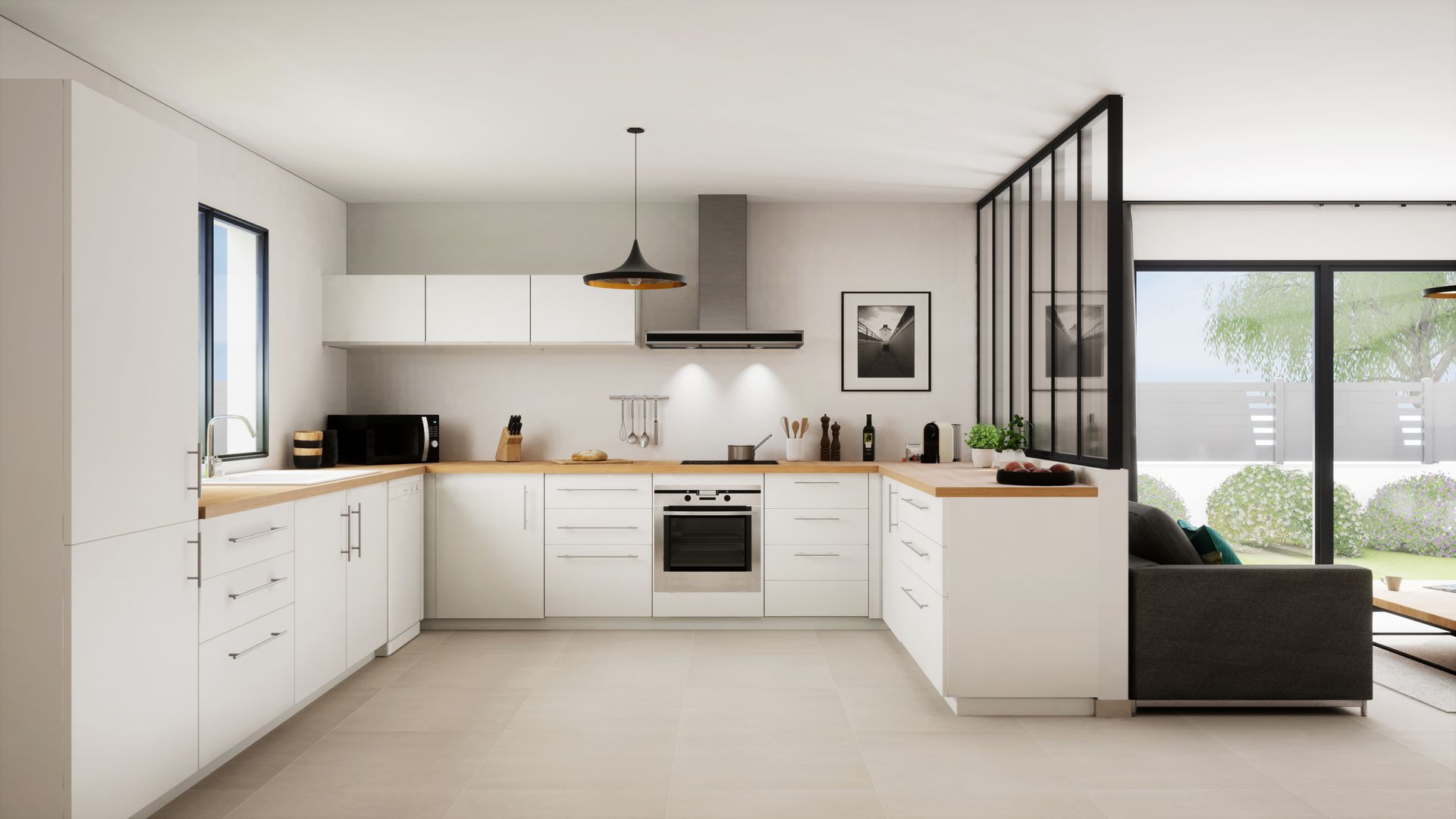 Cuisine moderne en bois et panneaux blancs