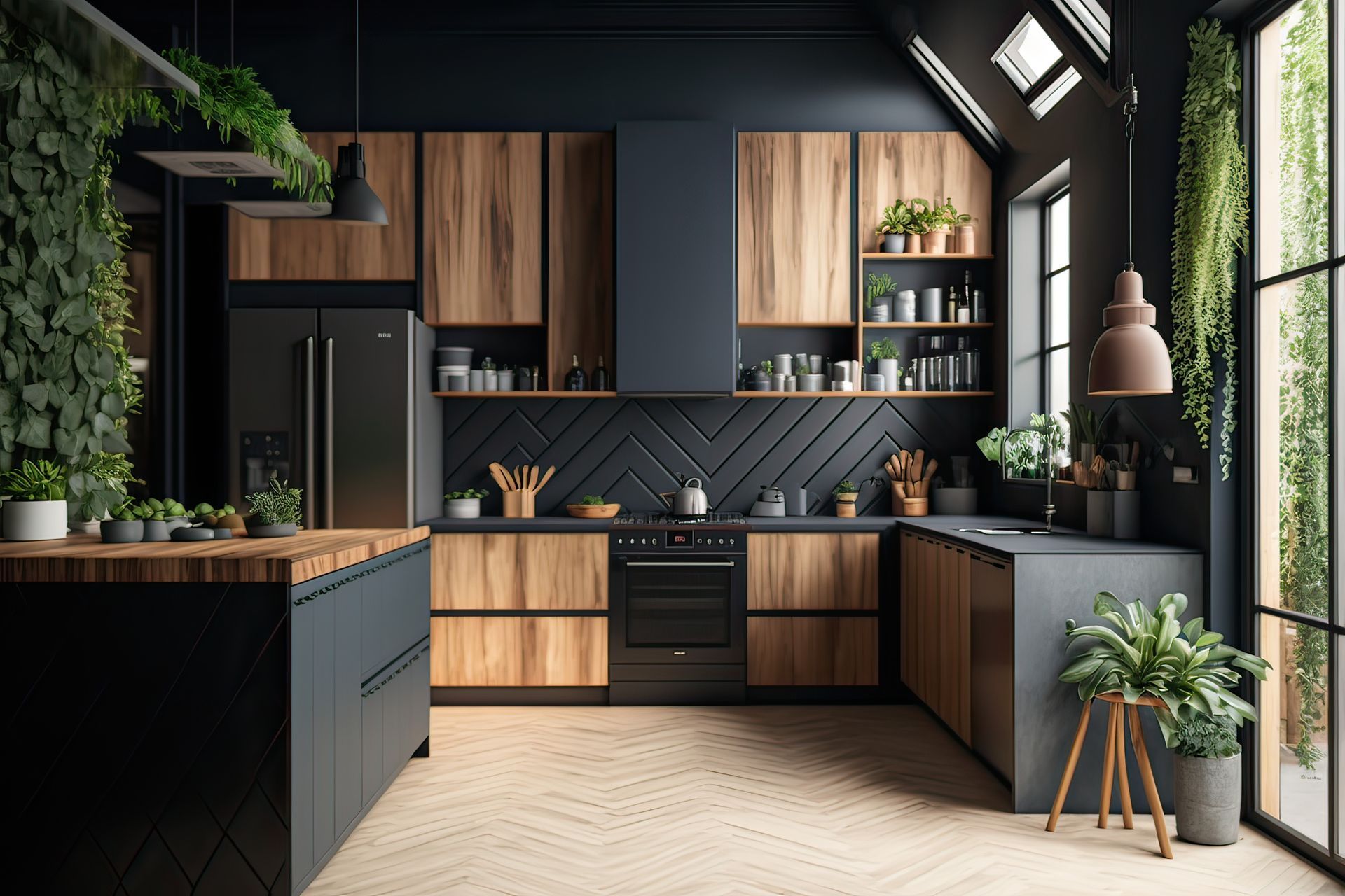 Plan de cuisine avec des façades noires et bois