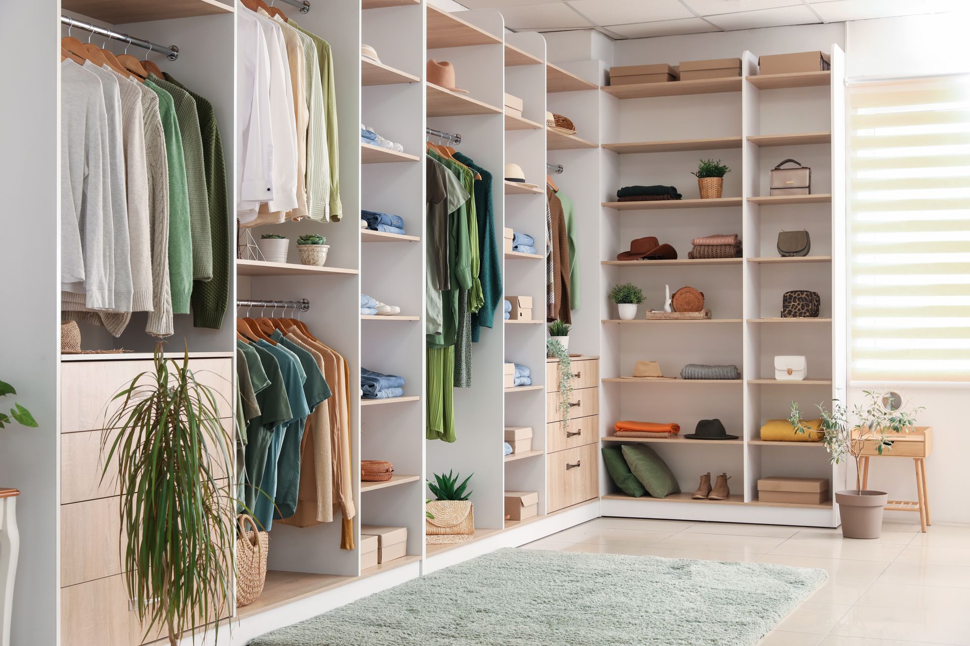 Dressing lumineux avec étagères blanches, vêtements suspendus, plantes, paniers et tapis pastel