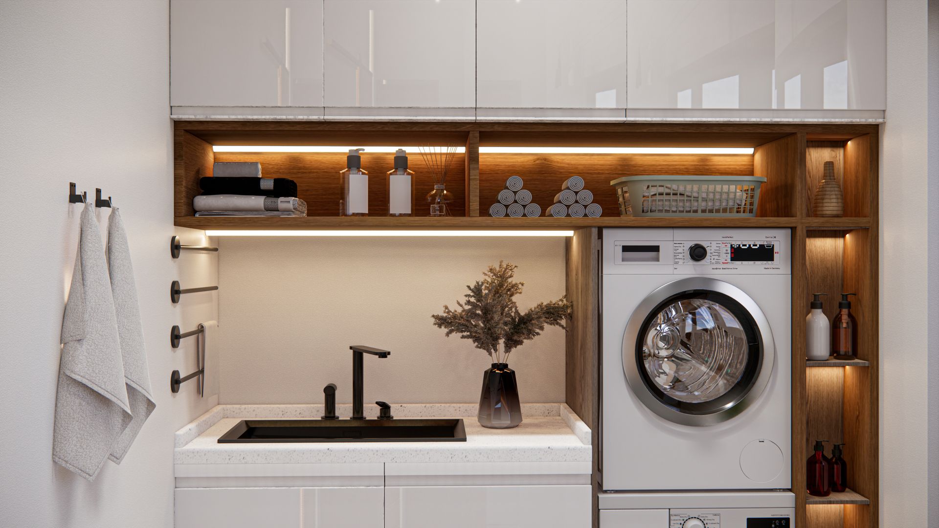 Buanderie moderne avec placards blancs, étagères en bois, évier et lave-linge séchant superposés
