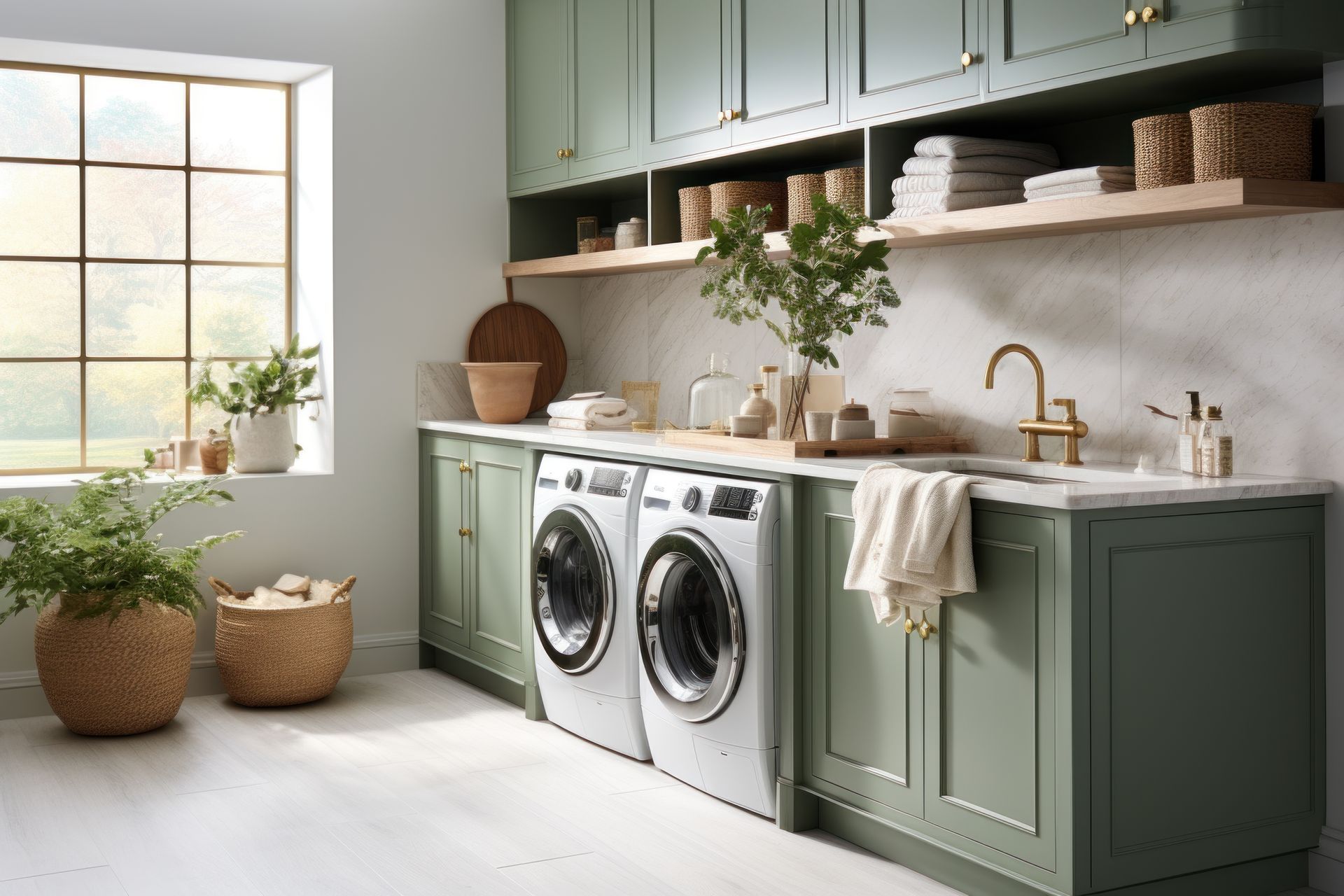 Buanderie moderne avec placards vert sauge, lave-linge et sèche-linge à chargement frontal, évier sur plan de travail et fenêtre ensoleillée