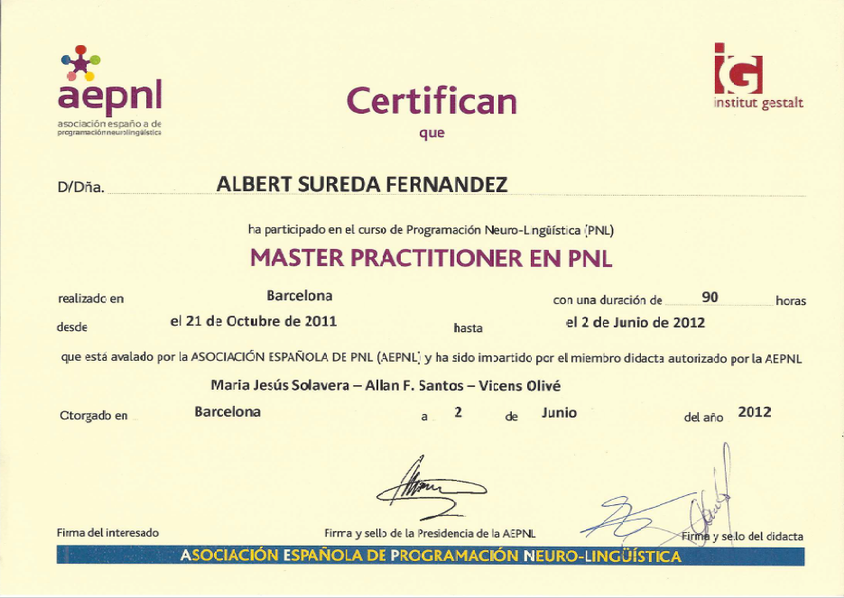 A certificate that says albert sureda fernandez master practicioner en pnl