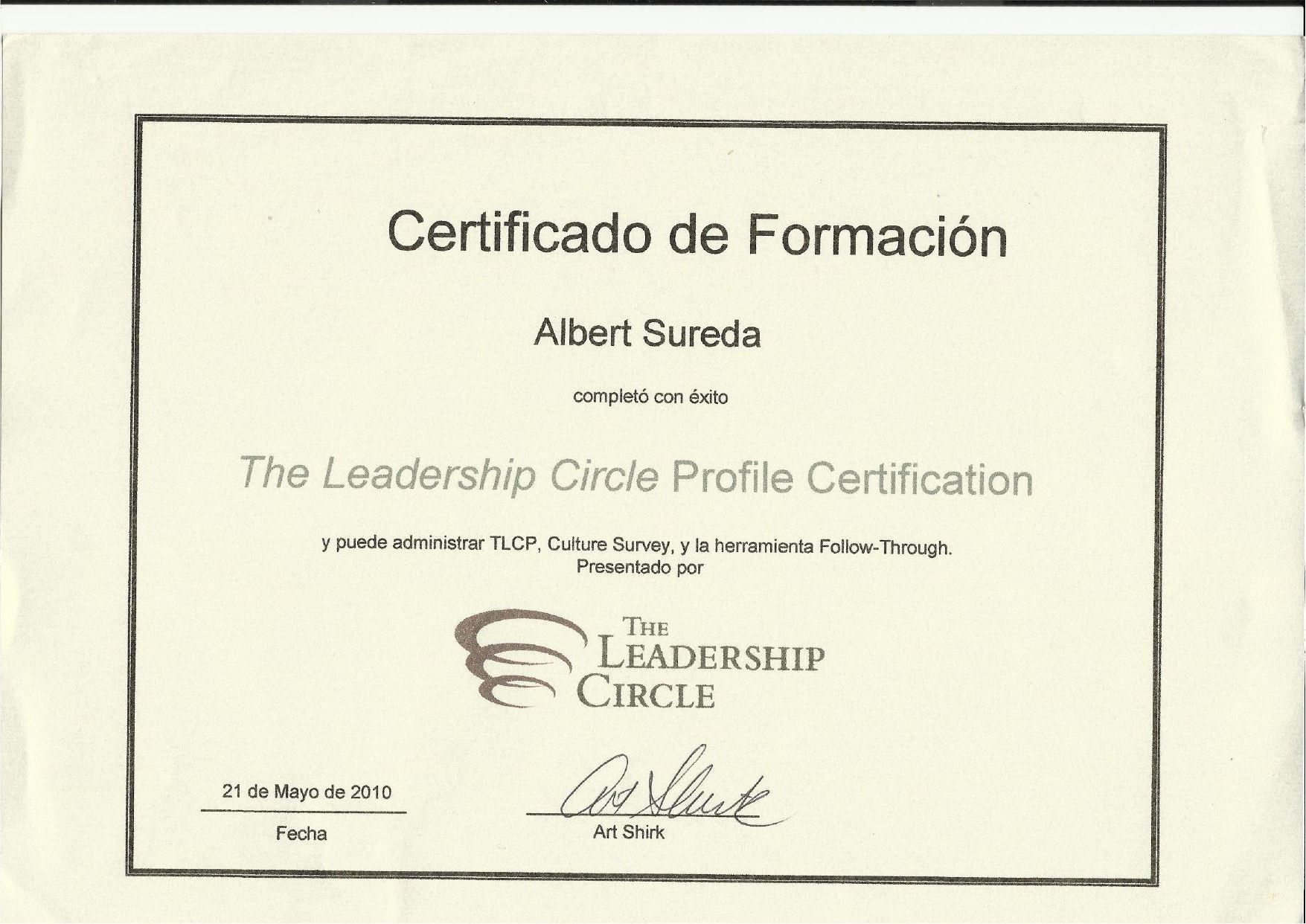 Un certificado de la certificación de perfil del círculo de liderazgo