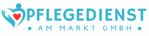 Blaues Logo mit Herz- und Schmetterlingssymbol und der Aufschrift „PFLEGEDIENST AM MARKT GMBH“