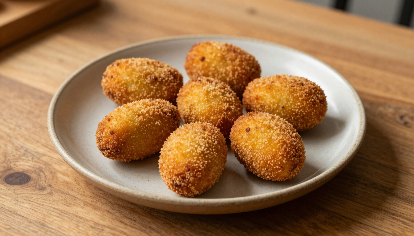 Siete croquetas empanizadas de color marrón dorado dispuestas en un plato de color claro