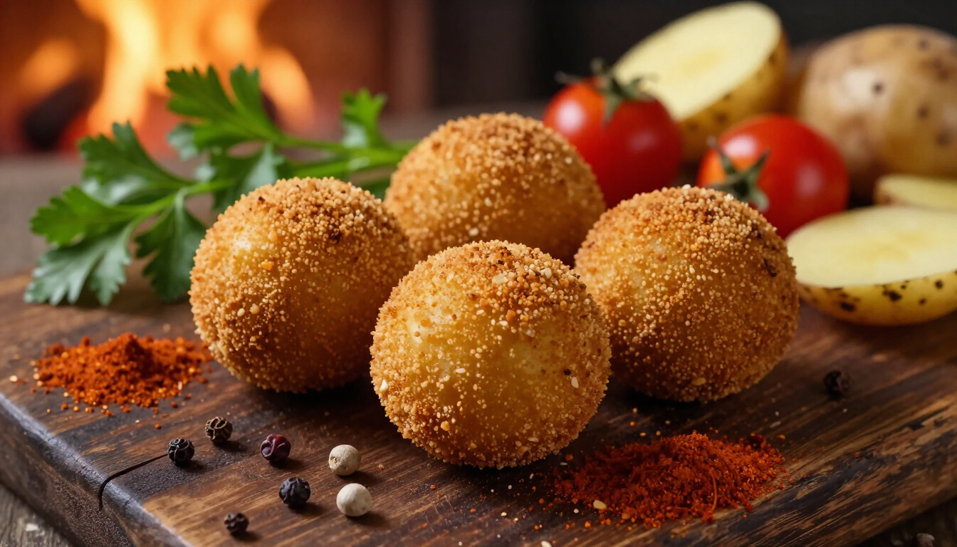 Cuatro croquetas de patata fritas, doradas y crujientes, servidas sobre una tabla de madera con perejil