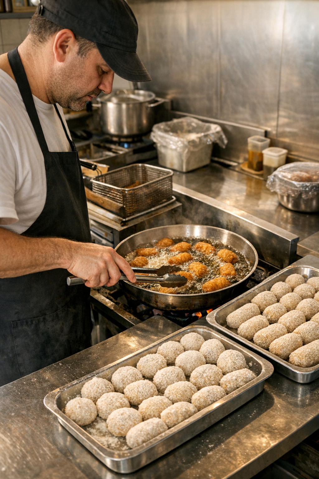 Un chef cocina hamburguesas de naranja en una sartén junto a bandejas de bolas empanizadas en una cocina comercial.