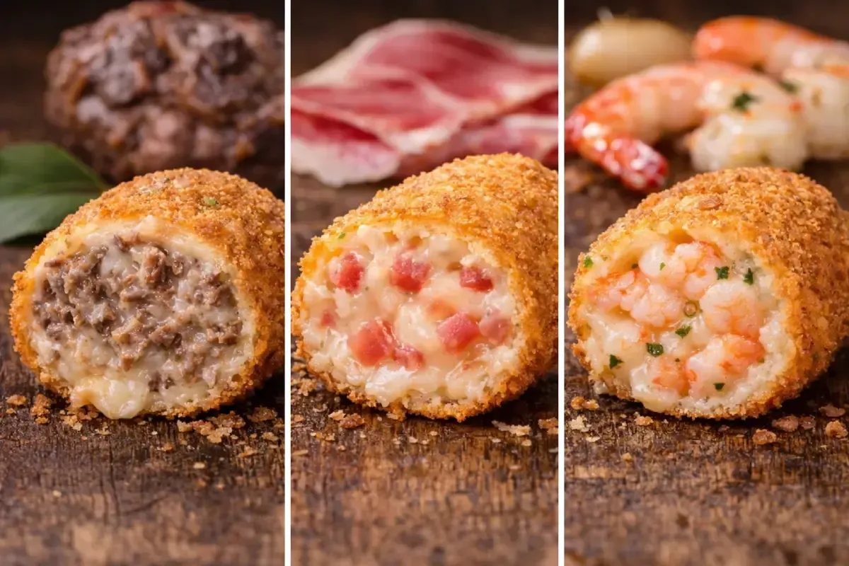 Tres croquetas doradas y crujientes sobre una superficie de madera, rellenas de carne oscura, jamón con bechamel y gambas.