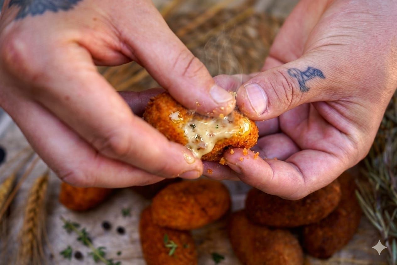 Siete croquetas empanizadas de color marrón dorado dispuestas en un plato de color claro