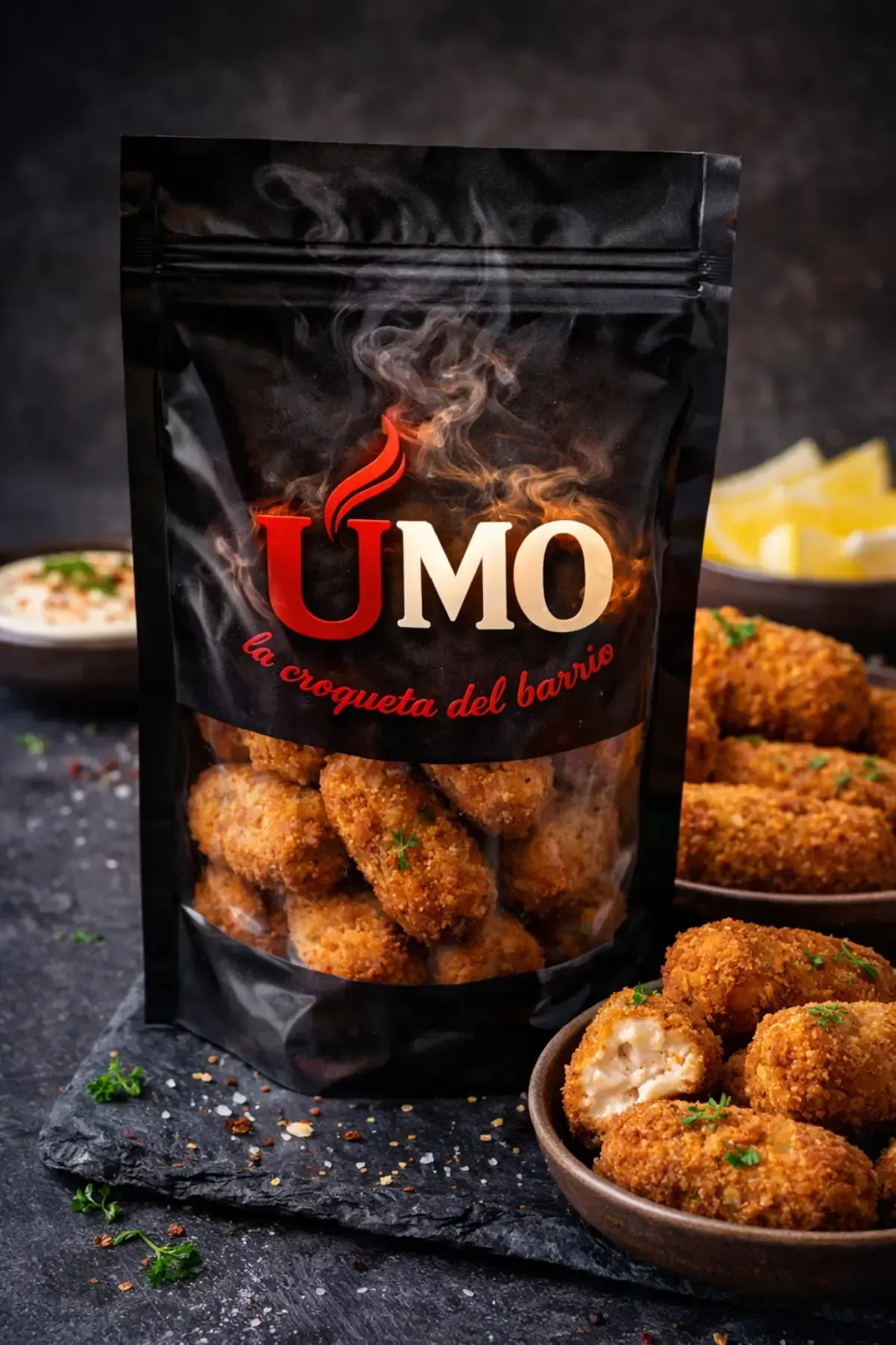 Una bolsa negra con croquetas de la marca