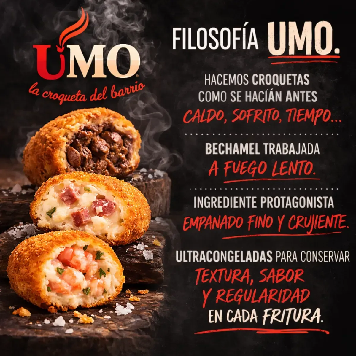 Un anuncio promocional de croquetas UMO que muestra tres croquetas partidas por la mitad