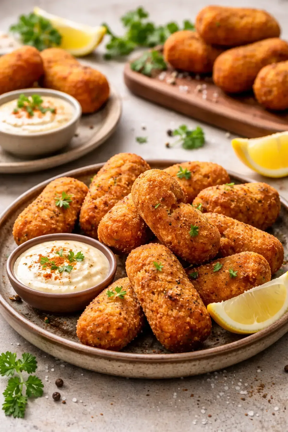 Un plato de croquetas fritas doradas, servidas con un pequeño cuenco de salsa para mojar, rodajas de limón y perejil fresco.